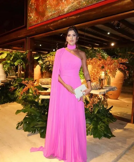 Fuchsia One Shoulder Prom Dress With Draped Sleeve Elegant