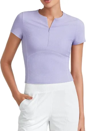 G4Free Half Zip Workout Shirts Women Slim Fitted Work Out Tops Gym Athletic Ribbed Tight Tshirts Summer Casual