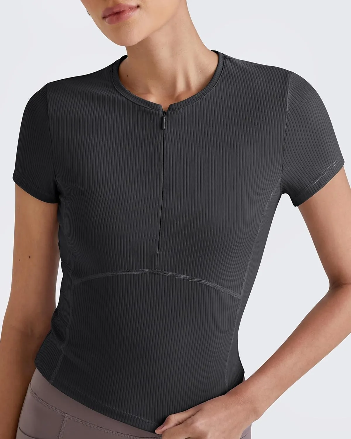 G4Free Half Zip Workout Shirts Women Slim Fitted Work Out Tops Gym Athletic Ribbed Tight Tshirts Summer Casual
