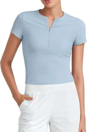 G4Free Half Zip Workout Shirts Women Slim Fitted Work Out Tops Gym Athletic Ribbed Tight Tshirts Summer Casual