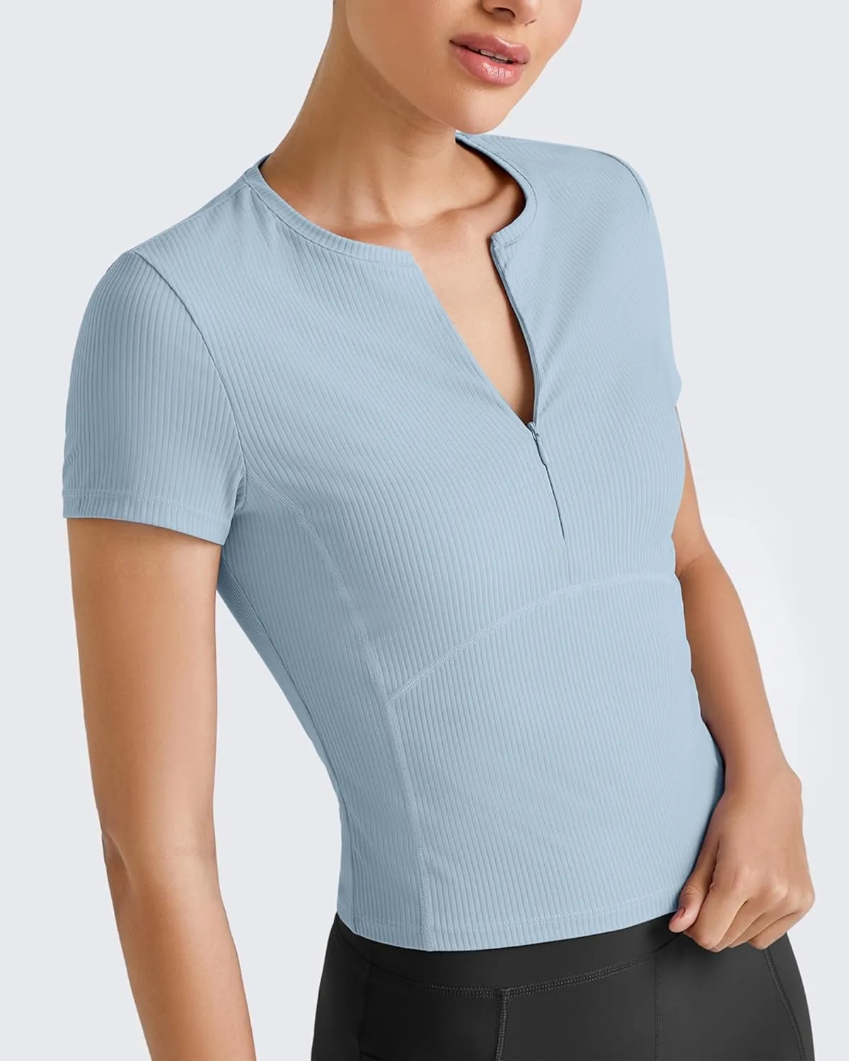 G4Free Half Zip Workout Shirts Women Slim Fitted Work Out Tops Gym Athletic Ribbed Tight Tshirts Summer Casual