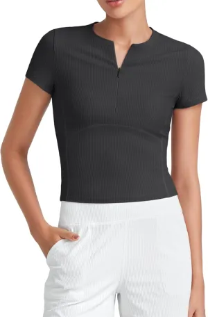 G4Free Half Zip Workout Shirts Women Slim Fitted Work Out Tops Gym Athletic Ribbed Tight Tshirts Summer Casual