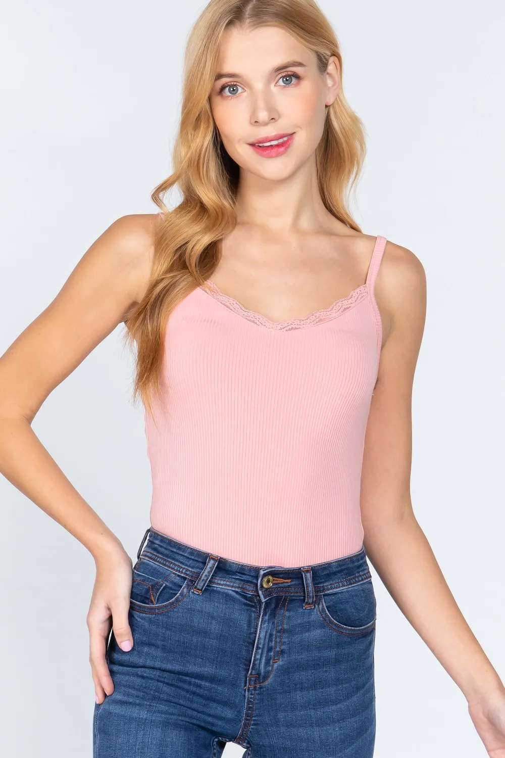 Heavy Rib Cami with Lace Bodysuit in Pink