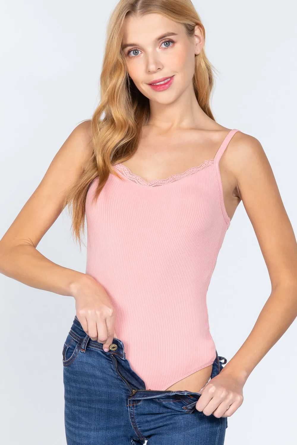 Heavy Rib Cami with Lace Bodysuit in Pink