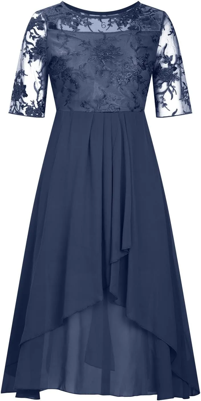 HGps8w Wedding Guests Dresses for Women Half Sleeve Elegant Lace Chiffon Flowy Dress Formal Evening Party Prom Gown
