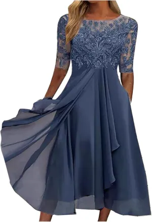 HGps8w Wedding Guests Dresses for Women Half Sleeve Elegant Lace Chiffon Flowy Dress Formal Evening Party Prom Gown
