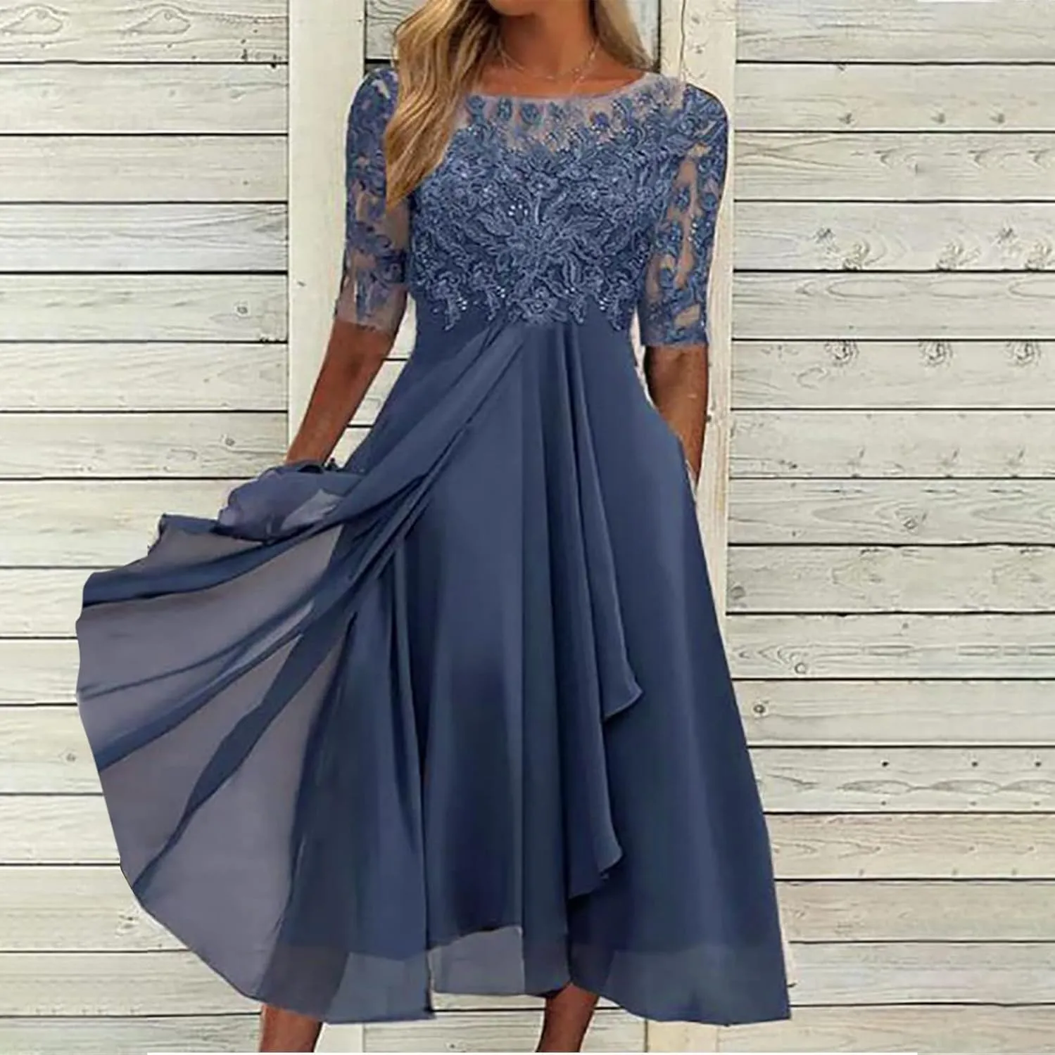 HGps8w Wedding Guests Dresses for Women Half Sleeve Elegant Lace Chiffon Flowy Dress Formal Evening Party Prom Gown