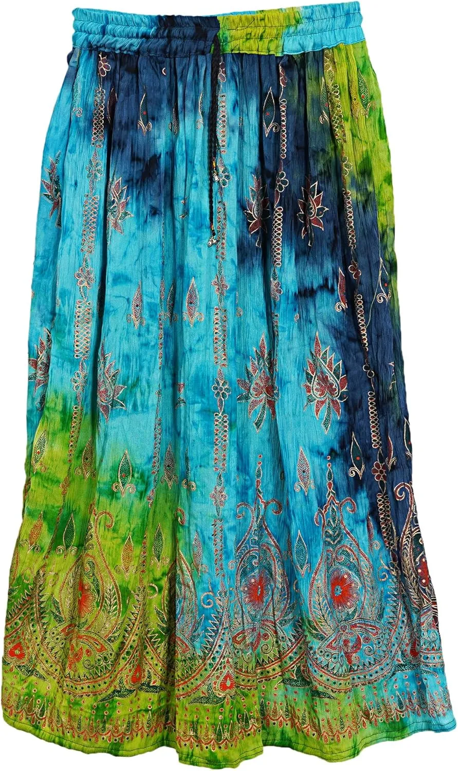 Indian Multi Tie Dye Yoga Trend Women's Sequined Crinkle Broomstick Gypsy Long Skirts