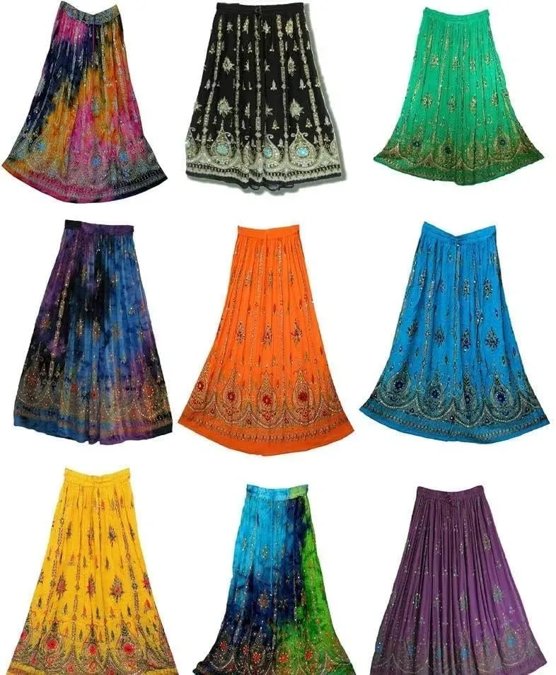Indian Women Tie Dye Yoga Trend Women's Sequined Crinkle Broomstick Gypsy Long Skirt