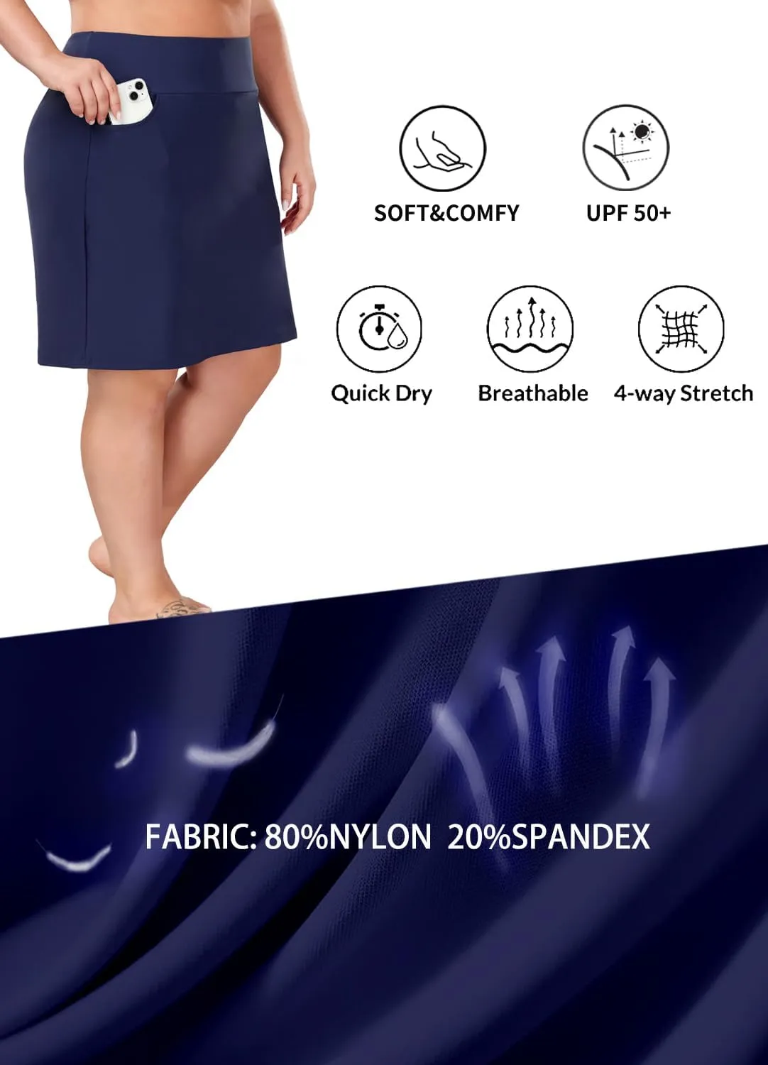 Inno 20" Womens Plus-Size Swim Skirt UPF 50  High Waisted Skort Drawstring Bikini Bottoms with Built-in Panty