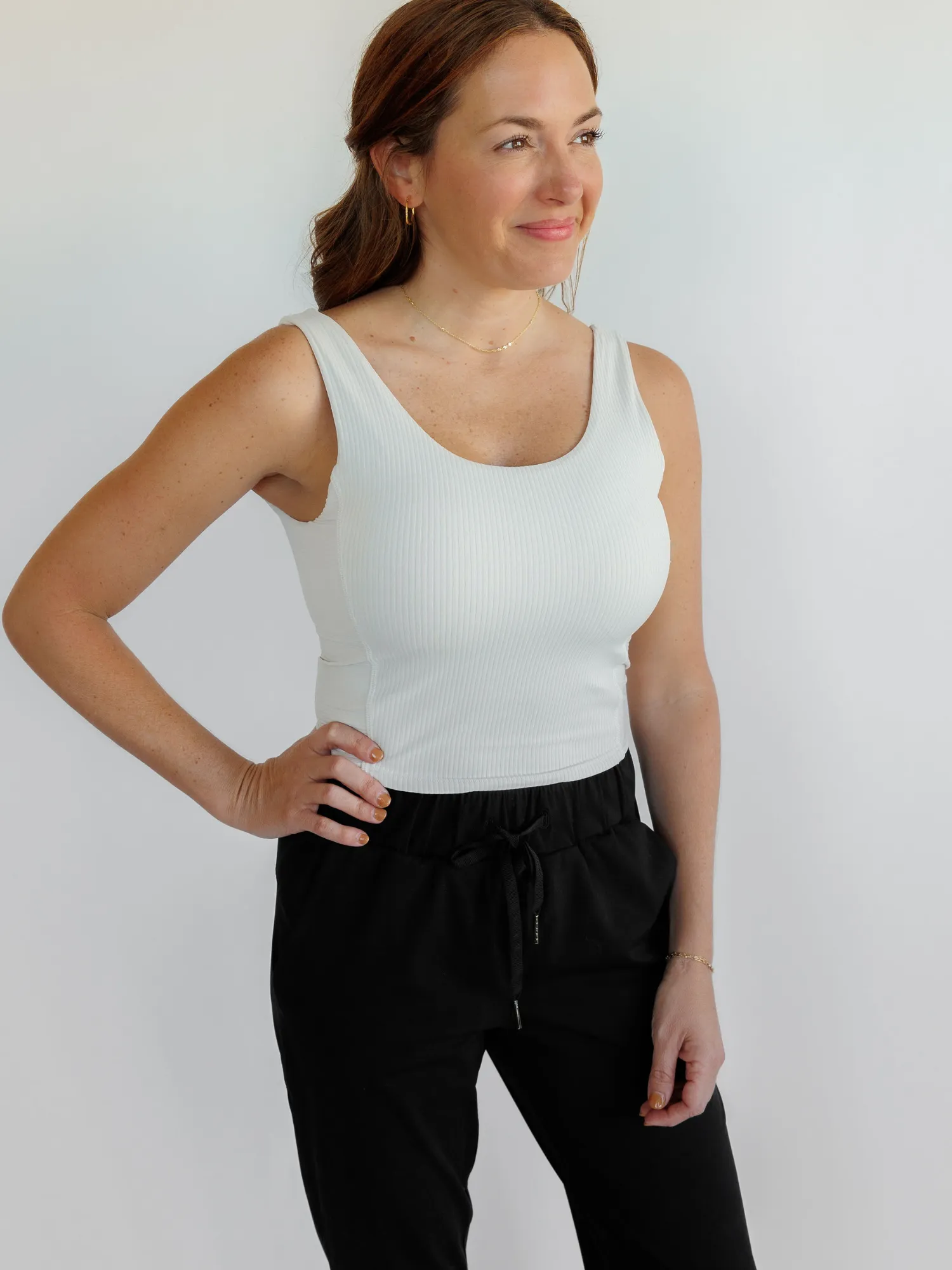 Ivory "Rebecca" Ribbed Tank with Removable Pads in Shelf Bra