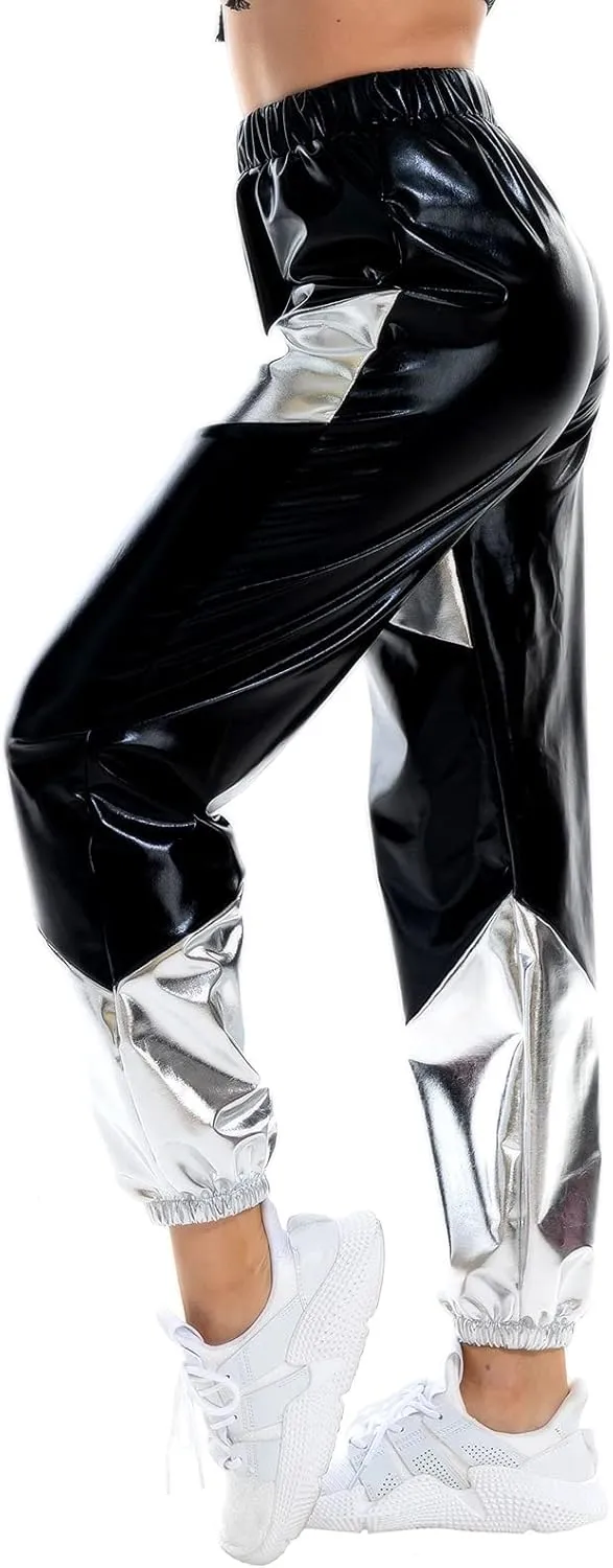 IWEMEK Women Metallic Punk Holographic Leggings Pants Hip Hop Disco Activewear Jogger High Waisted Sweatpants with Pockets