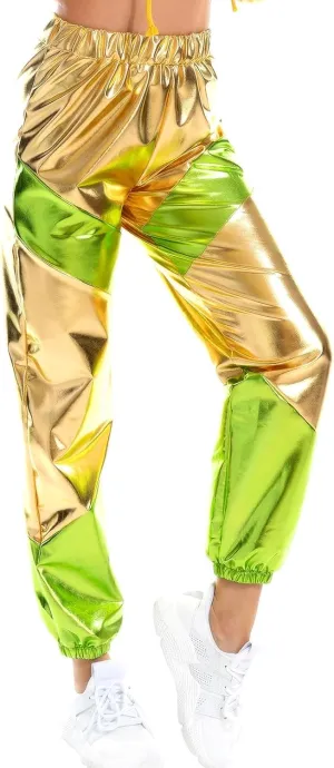 IWEMEK Women Metallic Punk Holographic Leggings Pants Hip Hop Disco Activewear Jogger High Waisted Sweatpants with Pockets
