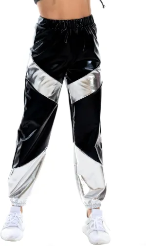 IWEMEK Women Metallic Punk Holographic Leggings Pants Hip Hop Disco Activewear Jogger High Waisted Sweatpants with Pockets