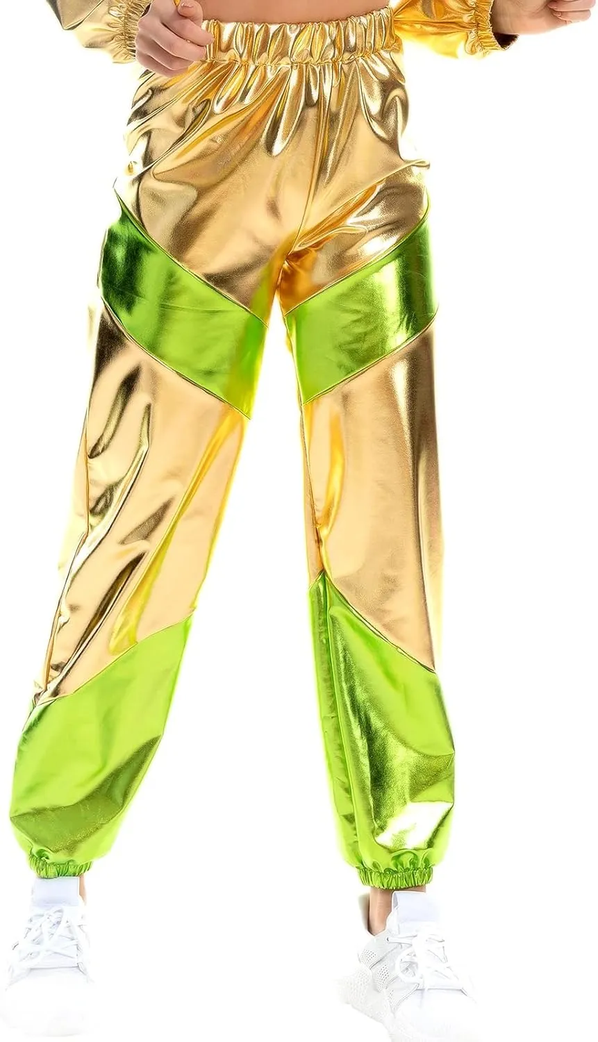 IWEMEK Women Metallic Punk Holographic Leggings Pants Hip Hop Disco Activewear Jogger High Waisted Sweatpants with Pockets