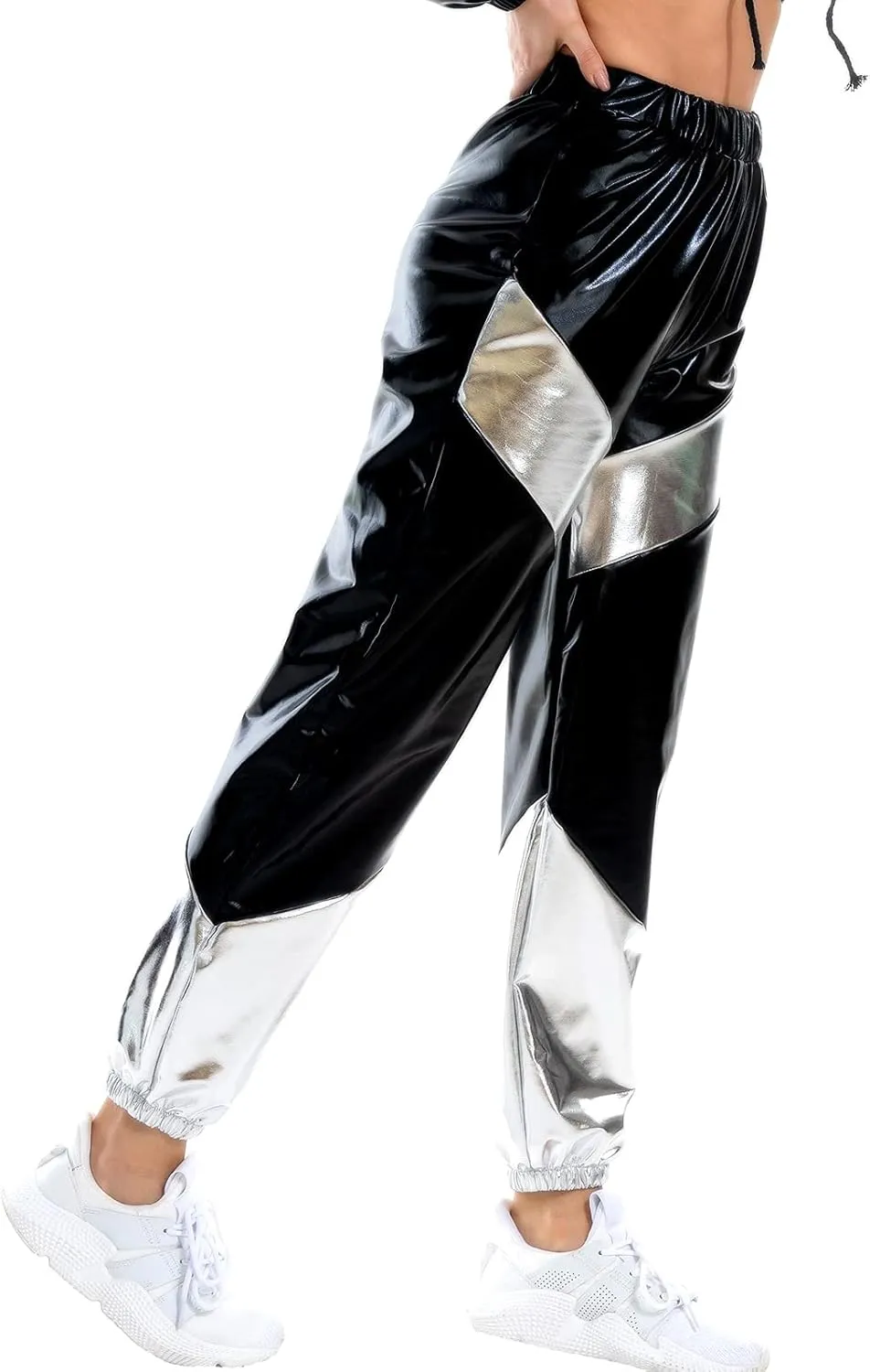 IWEMEK Women Metallic Punk Holographic Leggings Pants Hip Hop Disco Activewear Jogger High Waisted Sweatpants with Pockets