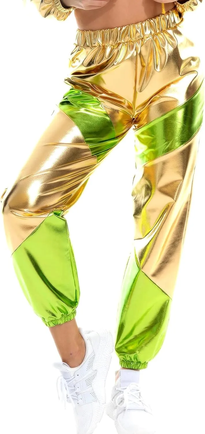 IWEMEK Women Metallic Punk Holographic Leggings Pants Hip Hop Disco Activewear Jogger High Waisted Sweatpants with Pockets