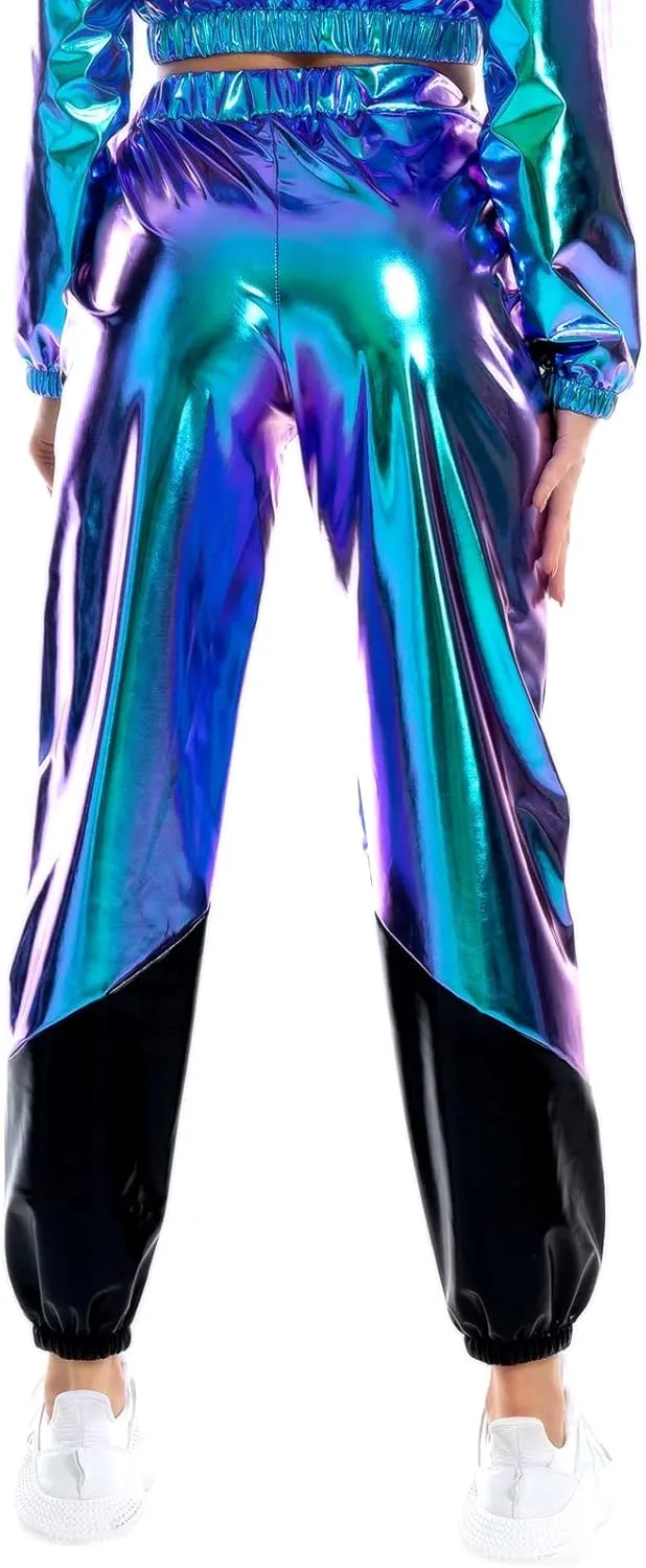 IWEMEK Women Metallic Punk Holographic Leggings Pants Hip Hop Disco Activewear Jogger High Waisted Sweatpants with Pockets