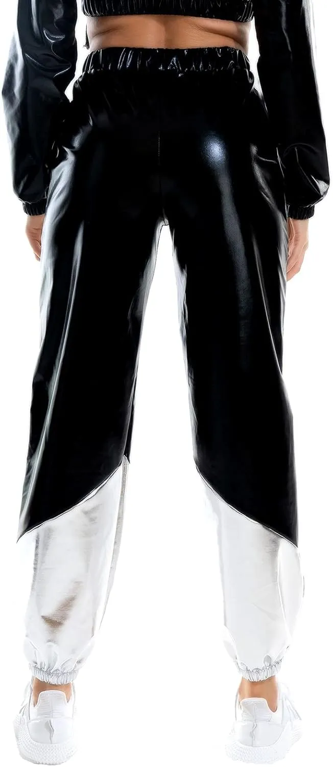 IWEMEK Women Metallic Punk Holographic Leggings Pants Hip Hop Disco Activewear Jogger High Waisted Sweatpants with Pockets