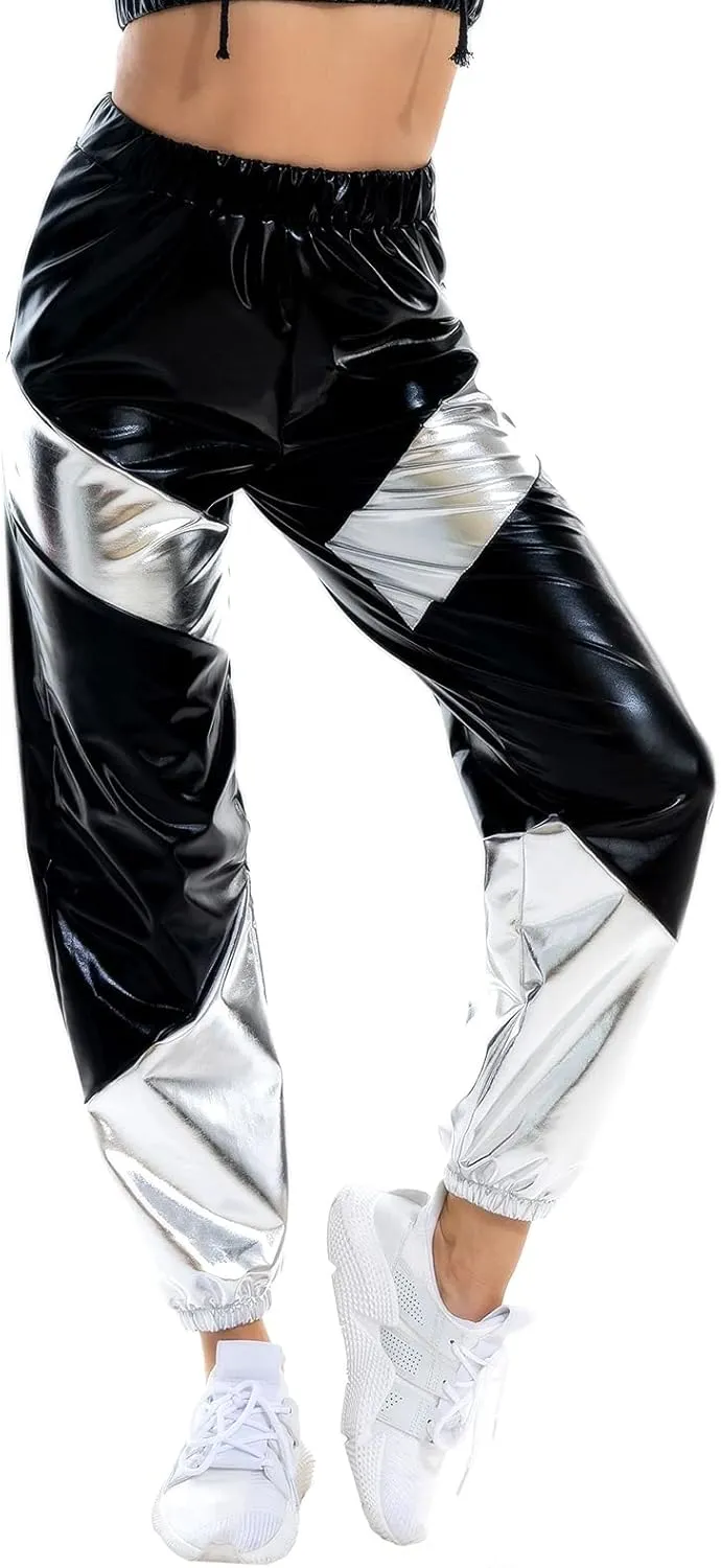 IWEMEK Women Metallic Punk Holographic Leggings Pants Hip Hop Disco Activewear Jogger High Waisted Sweatpants with Pockets