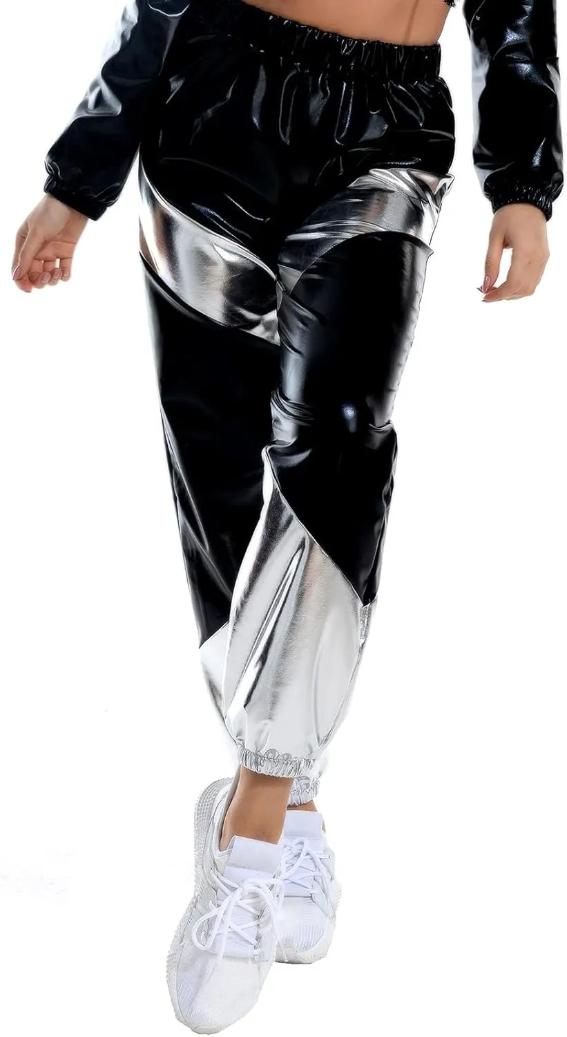 IWEMEK Women Metallic Punk Holographic Leggings Pants Hip Hop Disco Activewear Jogger High Waisted Sweatpants with Pockets