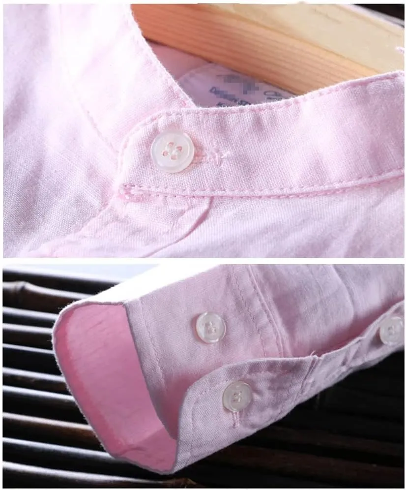 Jegsnoe Men Cotton Linen Shirts Slim Stand Collar Comfortable Undershirt