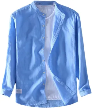 Jegsnoe Men Cotton Linen Shirts Slim Stand Collar Comfortable Undershirt