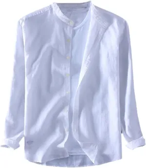 Jegsnoe Men Cotton Linen Shirts Slim Stand Collar Comfortable Undershirt