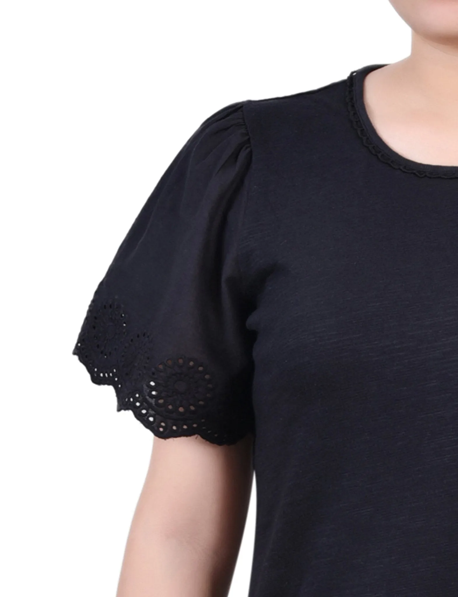 Jet Black Short Flutter Eyelet Sleeve Pullover