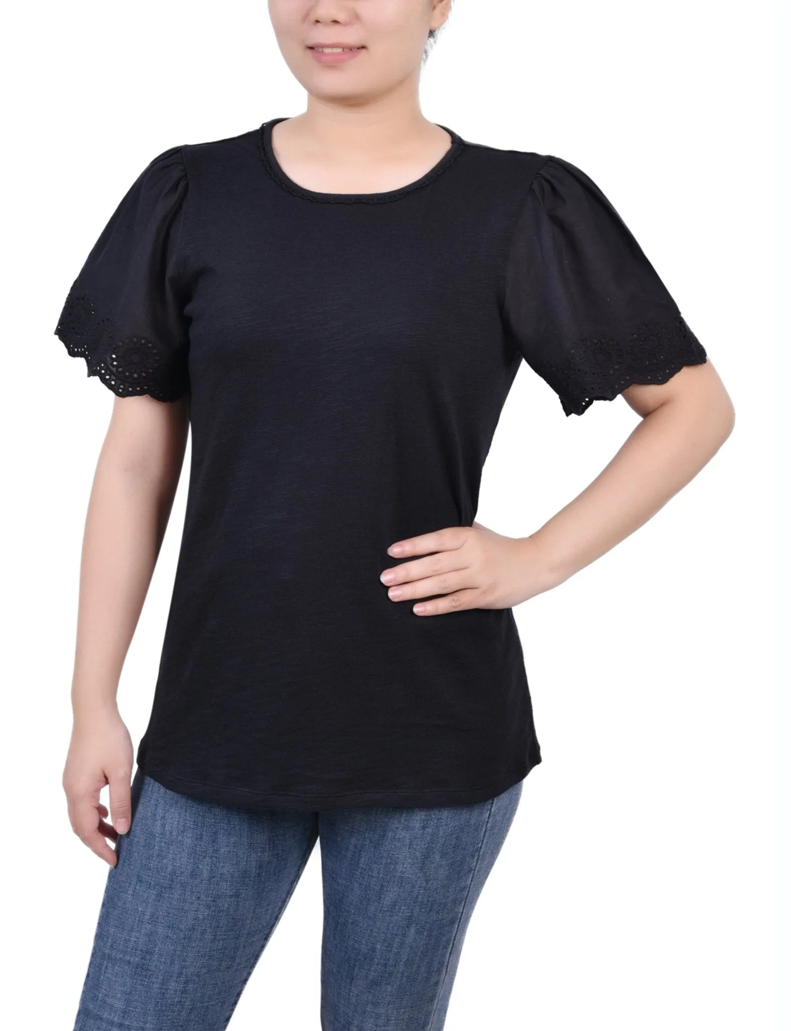 Jet Black Short Flutter Eyelet Sleeve Pullover