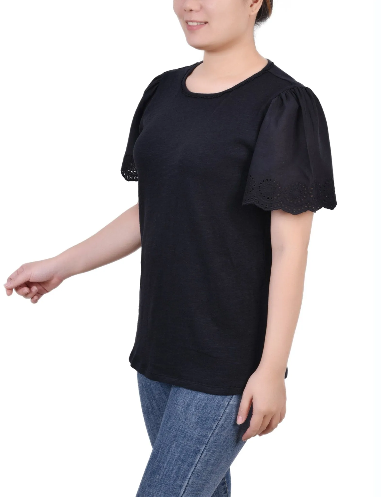 Jet Black Short Flutter Eyelet Sleeve Pullover
