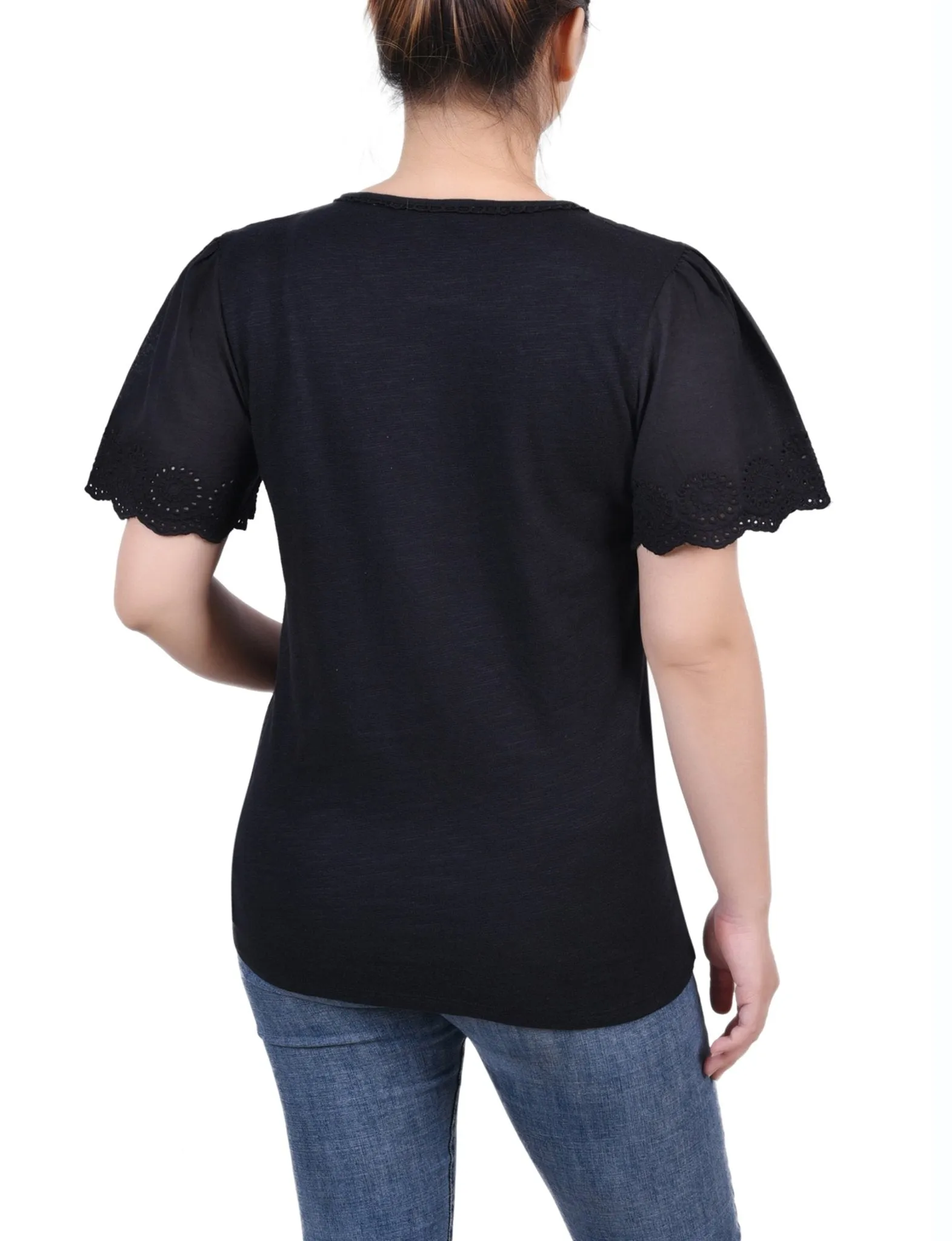 Jet Black Short Flutter Eyelet Sleeve Pullover