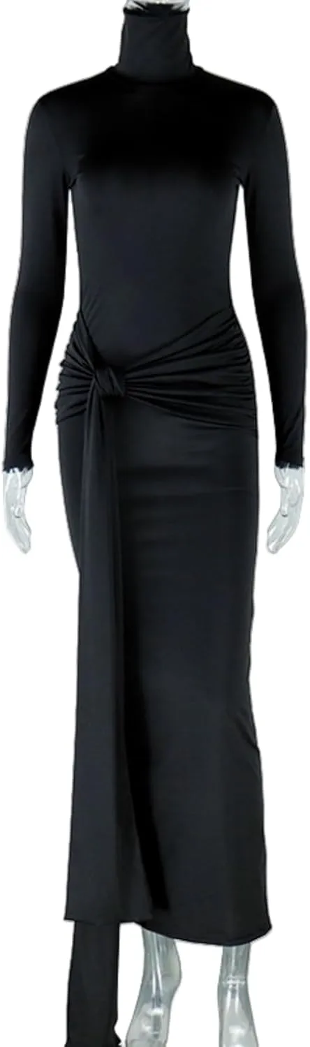 JUMISEE Women's Sexy High Neck Long Sleeve Maxi Dress Elegant Tie Waist Bodycon Long Dress Cocktail Party Dress