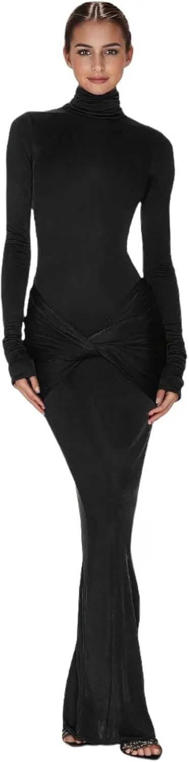 JUMISEE Women's Sexy High Neck Long Sleeve Maxi Dress Elegant Tie Waist Bodycon Long Dress Cocktail Party Dress