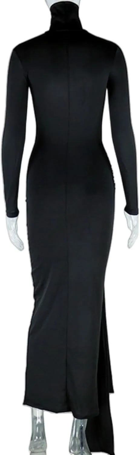 JUMISEE Women's Sexy High Neck Long Sleeve Maxi Dress Elegant Tie Waist Bodycon Long Dress Cocktail Party Dress