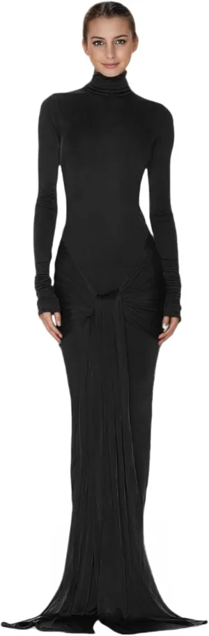 JUMISEE Women's Sexy High Neck Long Sleeve Maxi Dress Elegant Tie Waist Bodycon Long Dress Cocktail Party Dress