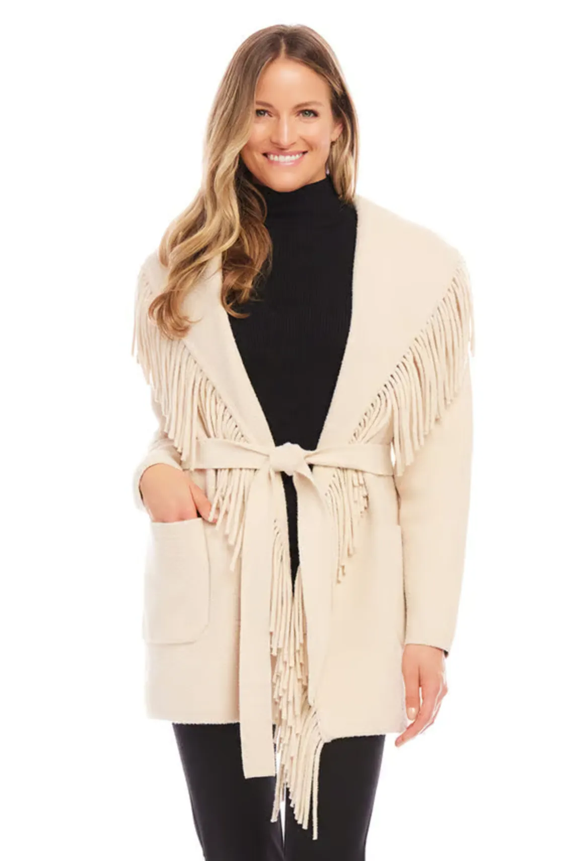 Karen Kane Belted Fringe Jacket - Beige