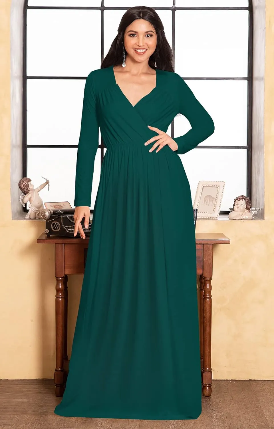 KOH KOH Womens Long Sleeve Empire Cocktail Elegant Evening Versatile Maxi Dress