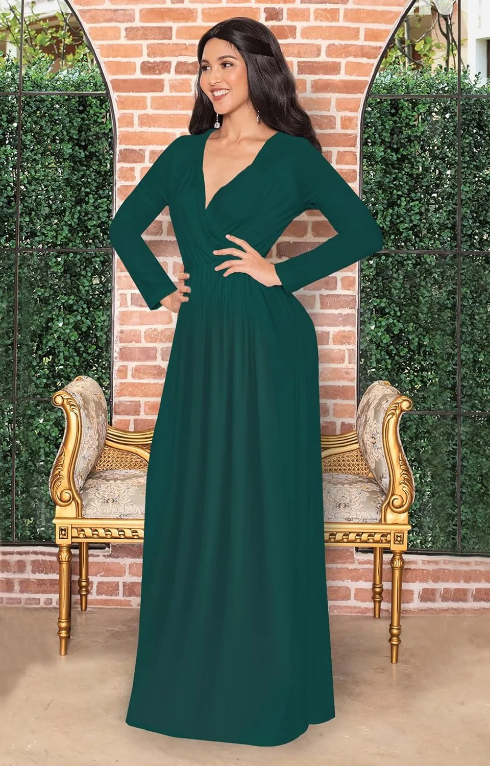 KOH KOH Womens Long Sleeve Empire Cocktail Elegant Evening Versatile Maxi Dress