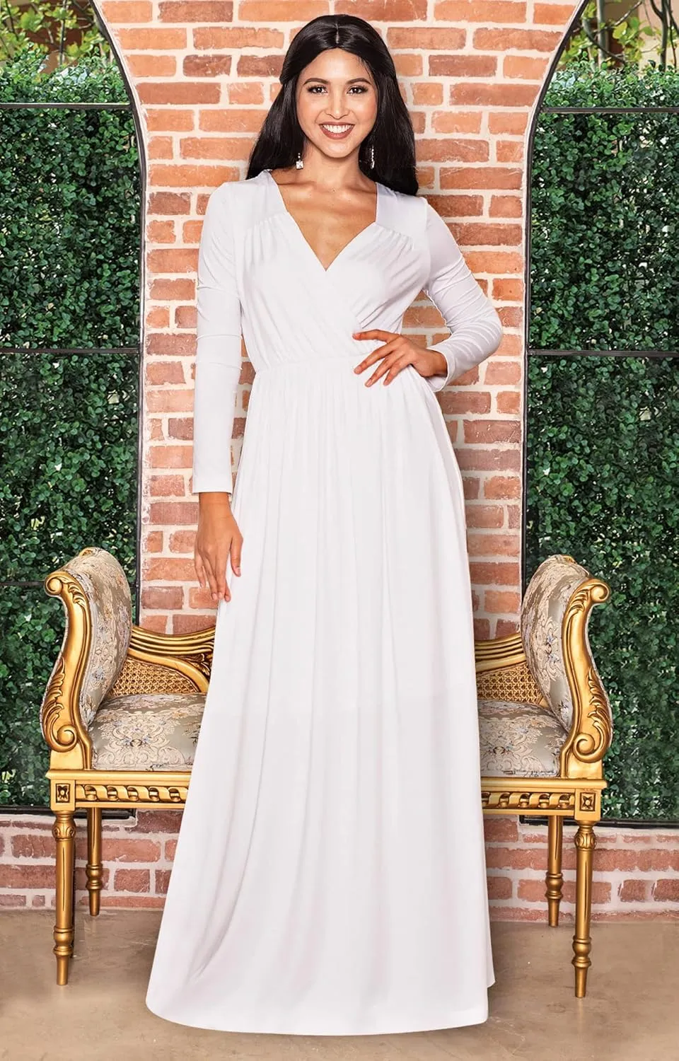 KOH KOH Womens Long Sleeve Empire Cocktail Elegant Evening Versatile Maxi Dress