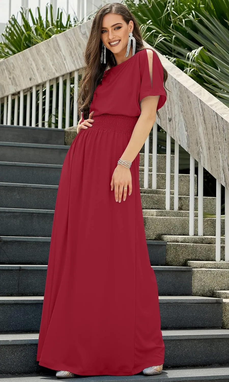 KOH KOH Womens Split Sleeves Smocked Elegant Cocktail Long Maxi Dress