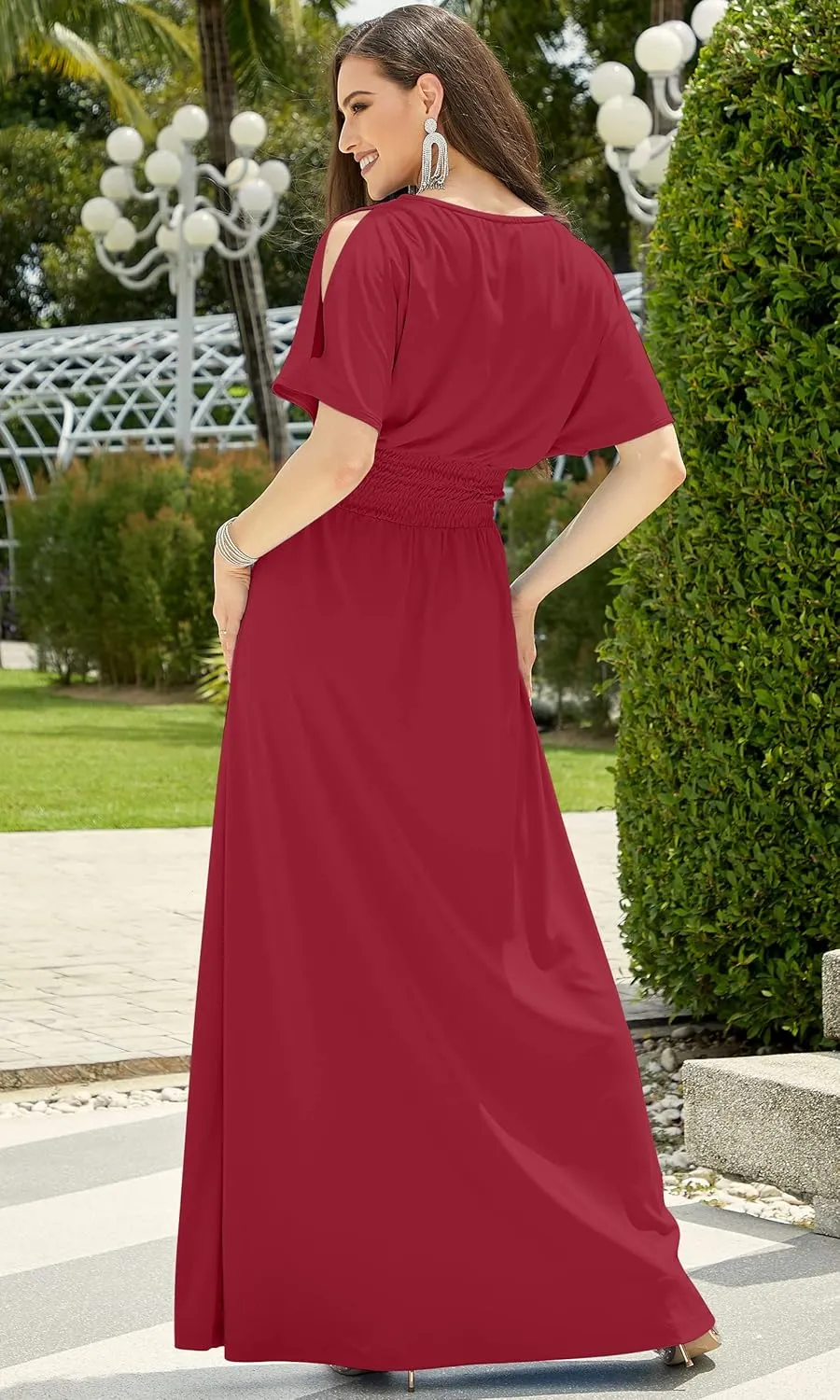 KOH KOH Womens Split Sleeves Smocked Elegant Cocktail Long Maxi Dress