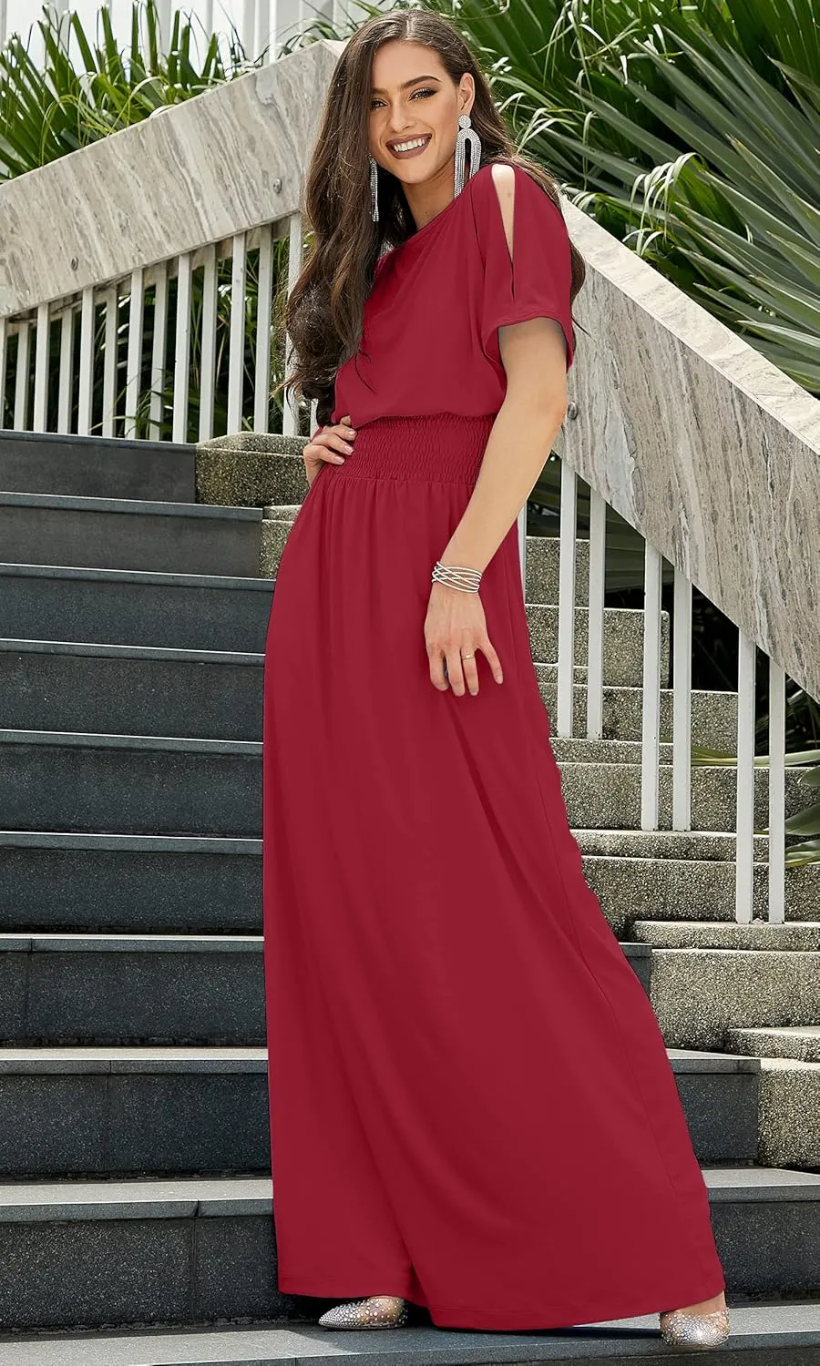 KOH KOH Womens Split Sleeves Smocked Elegant Cocktail Long Maxi Dress