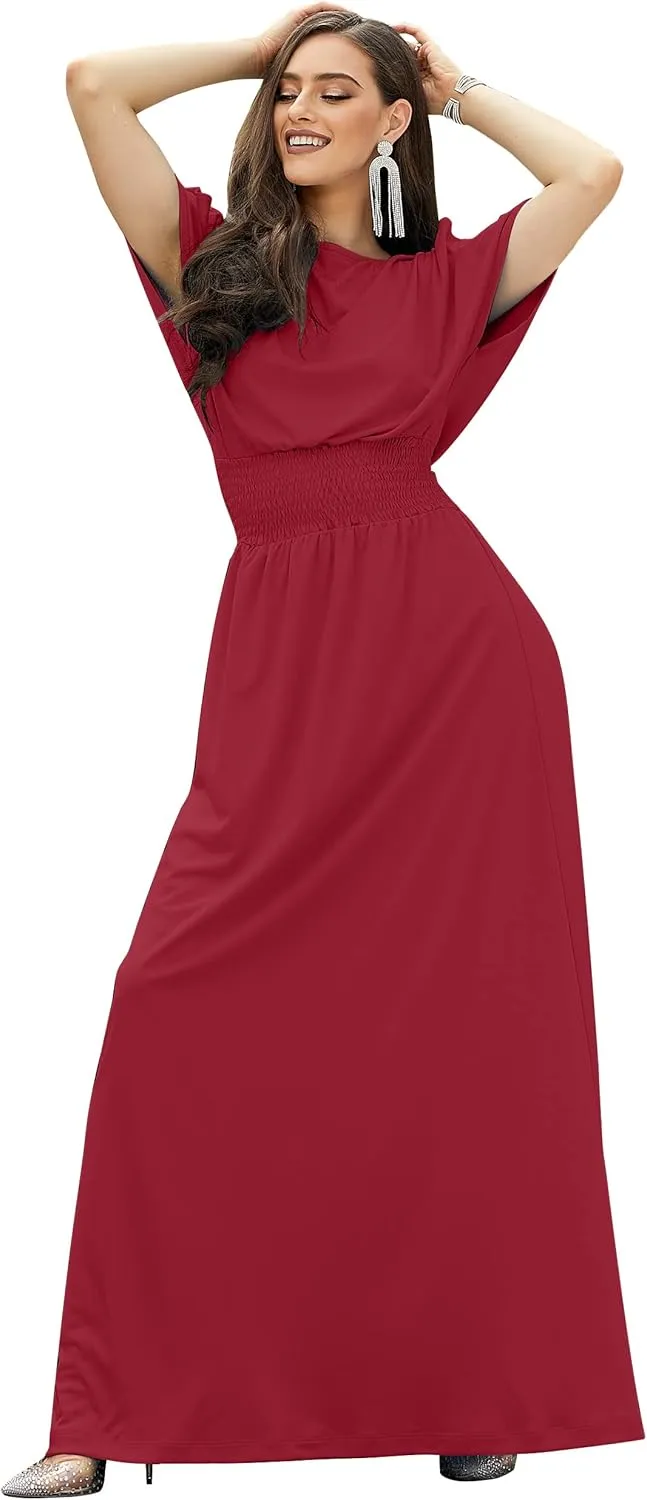KOH KOH Womens Split Sleeves Smocked Elegant Cocktail Long Maxi Dress