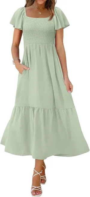 Kubbon Flutter Sleeve Dress for Women Square Neck Flowy Tiered Maxi Dresses Elegant Wedding Guest Dress with Pockets