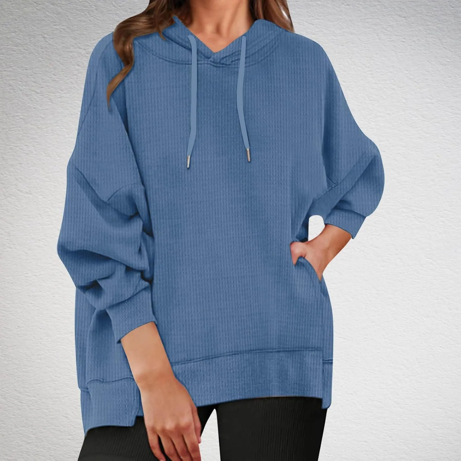 Ladies Oversized Hoodies Casual Long Sleeve Drawstring Waffle Pullover Tops Preppy Sweatshirt Fall Trendy Clothes