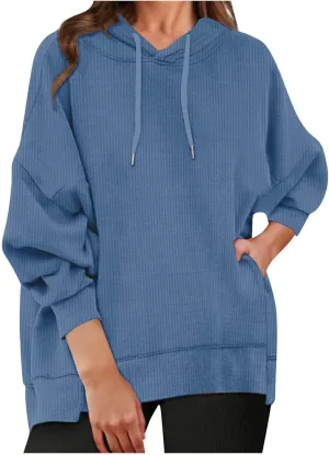 Ladies Oversized Hoodies Casual Long Sleeve Drawstring Waffle Pullover Tops Preppy Sweatshirt Fall Trendy Clothes