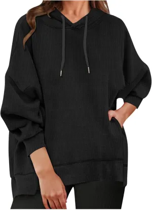 Ladies Oversized Hoodies Casual Long Sleeve Drawstring Waffle Pullover Tops Preppy Sweatshirt Fall Trendy Clothes