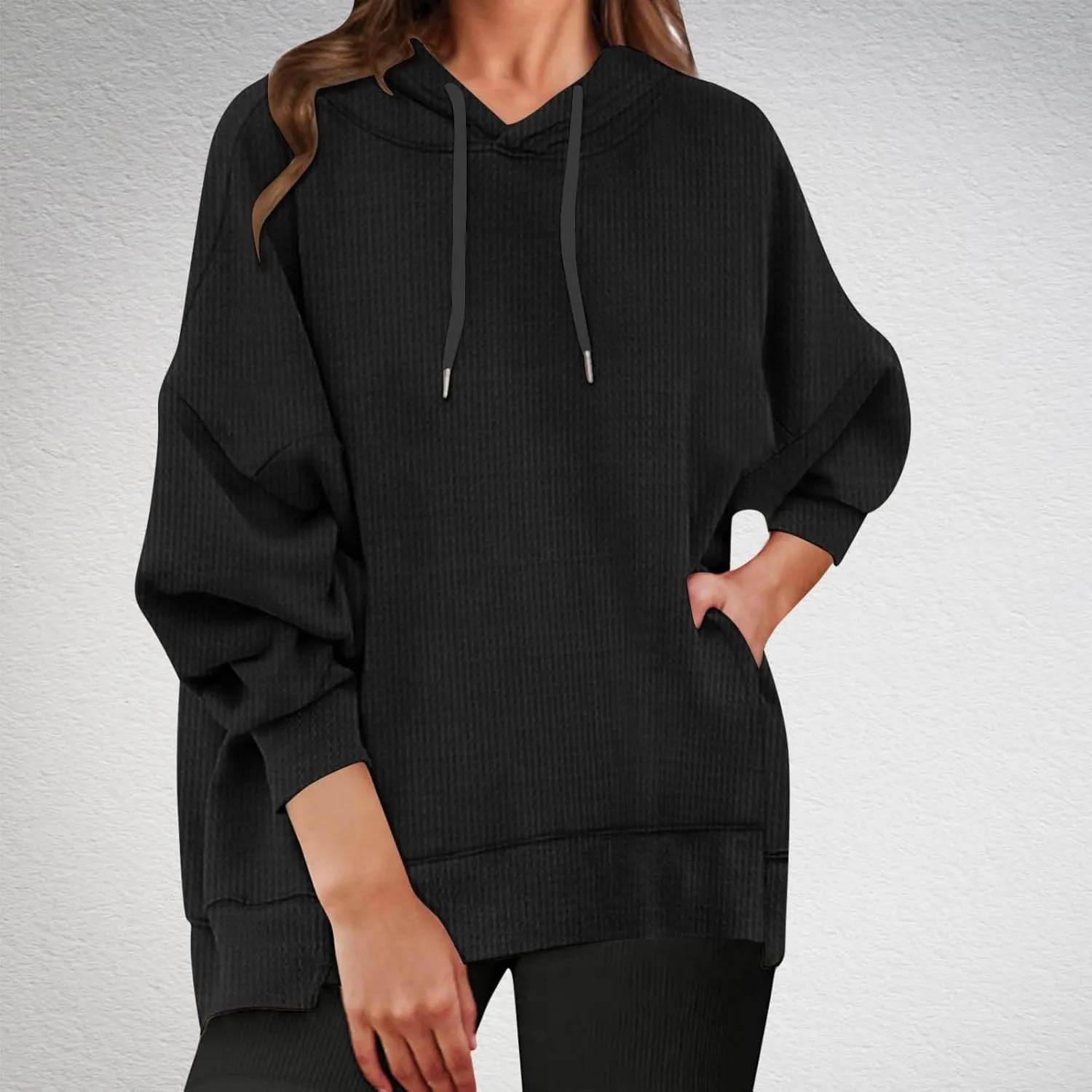 Ladies Oversized Hoodies Casual Long Sleeve Drawstring Waffle Pullover Tops Preppy Sweatshirt Fall Trendy Clothes