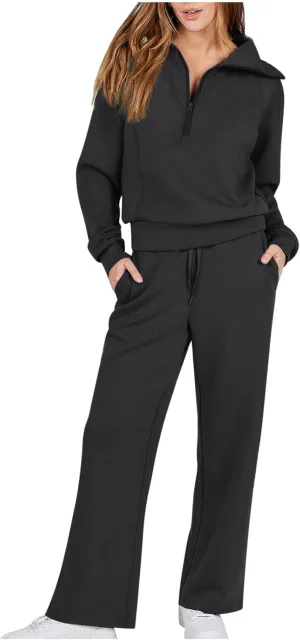 Lastesso Two Piece Loungewear Sets for Women 1/4 Zip Neck Loose Long Sleeve Sweatshirts Wid Leg Pants Trendy Sweatsuits Sets